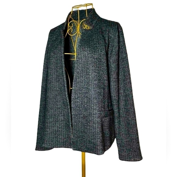 Eileen Fisher Wool Blend Gray & Black Open Tweed Blazer Stand Collar, Pockets SP - Picture 1 of 14